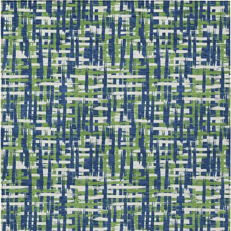 8' X 10' Navy Blue Green And Ivory Abstract Washable Indoor Outdoor Area Rug