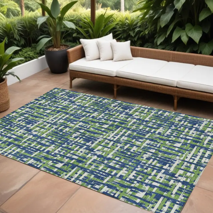 8' X 10' Navy Blue Green And Ivory Abstract Washable Indoor Outdoor Area Rug