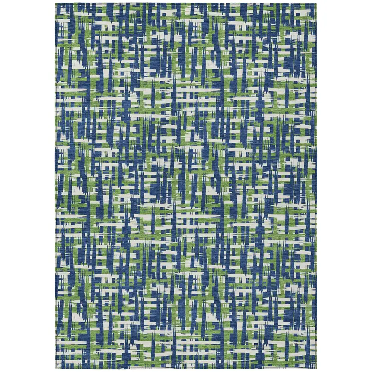 8' X 10' Navy Blue Green And Ivory Abstract Washable Indoor Outdoor Area Rug