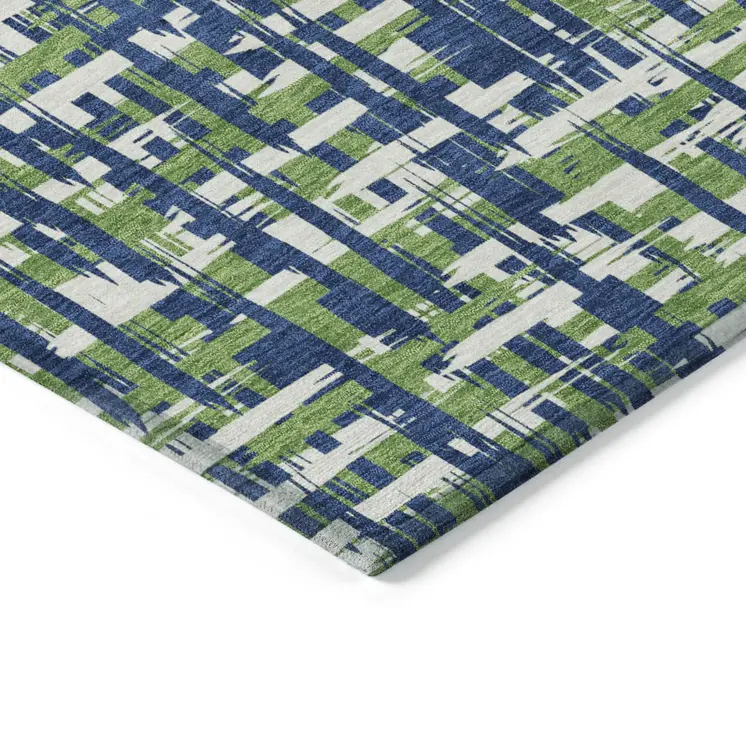 10' X 14' Navy Blue Green And Ivory Abstract Washable Indoor Outdoor Area Rug