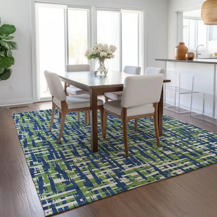10' X 14' Navy Blue Green And Ivory Abstract Washable Indoor Outdoor Area Rug