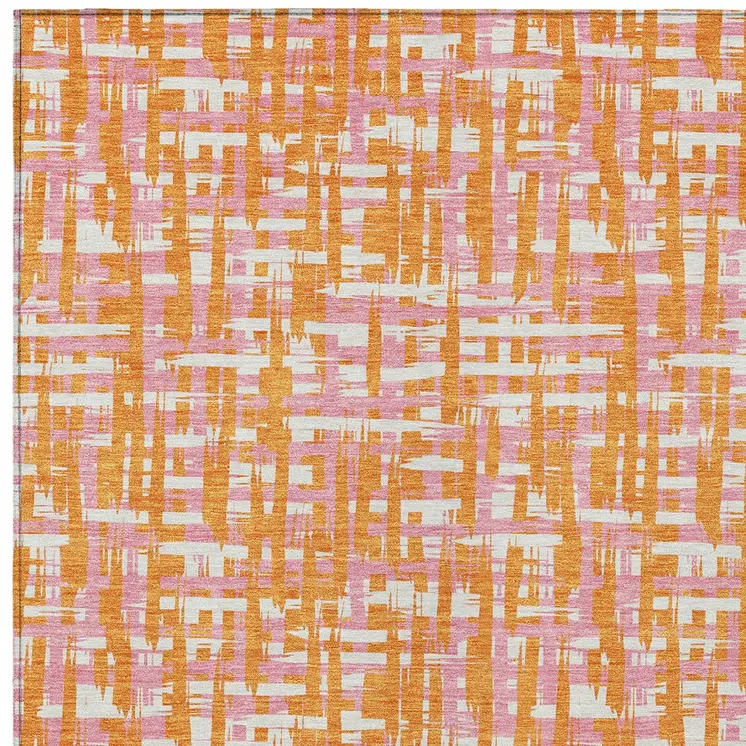 3' X 5' Orange Pink And Beige Abstract Washable Indoor Outdoor Area Rug