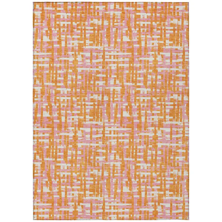 9' X 12' Orange Pink And Beige Abstract Washable Indoor Outdoor Area Rug