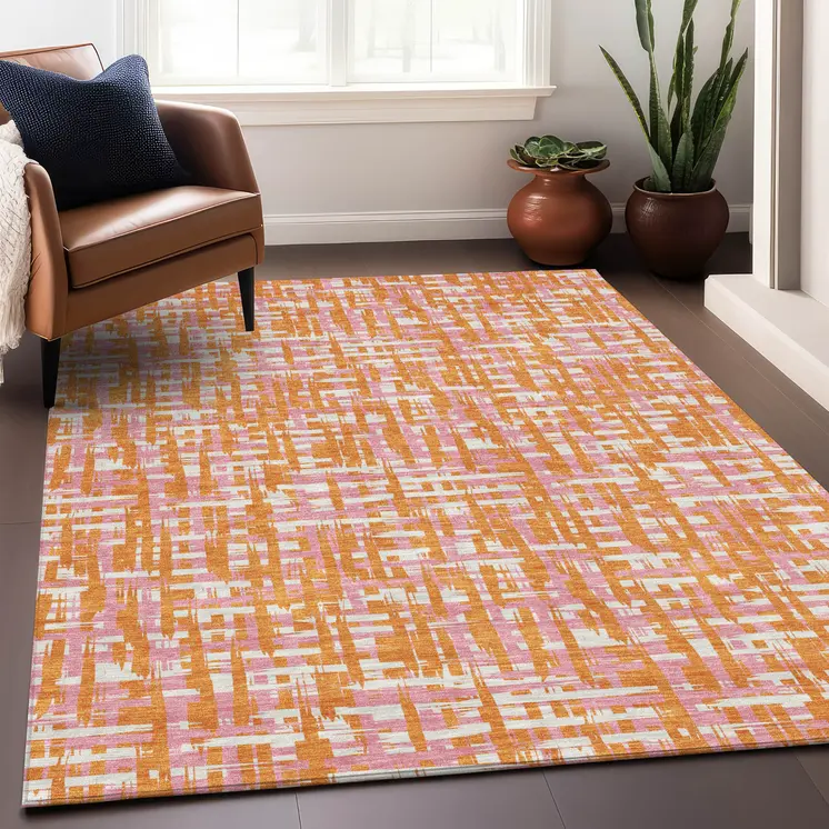 9' X 12' Orange Pink And Beige Abstract Washable Indoor Outdoor Area Rug