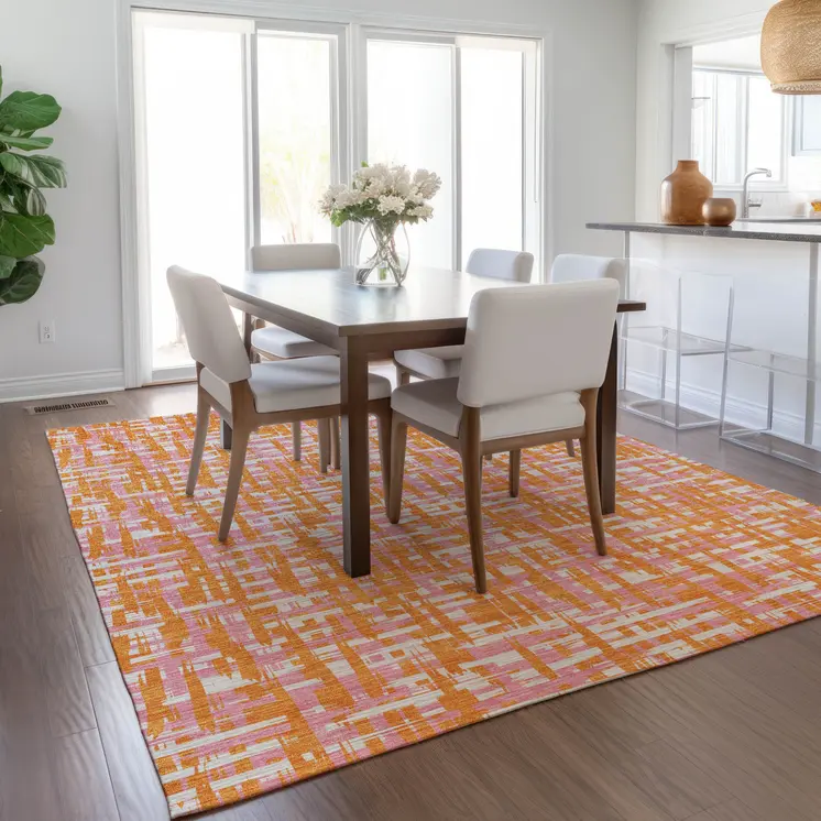 9' X 12' Orange Pink And Beige Abstract Washable Indoor Outdoor Area Rug