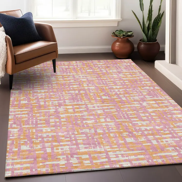 5' X 8' Pink Copper And Beige Abstract Washable Indoor Outdoor Area Rug