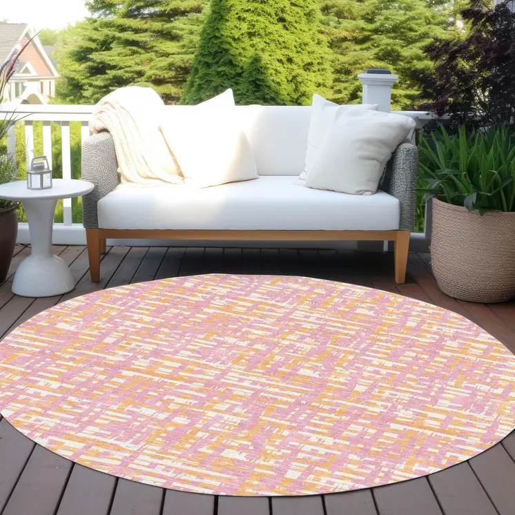 8' Pink Copper And Beige Round Abstract Washable Indoor Outdoor Area Rug