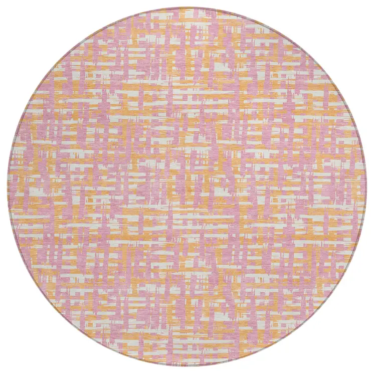 8' Pink Copper And Beige Round Abstract Washable Indoor Outdoor Area Rug