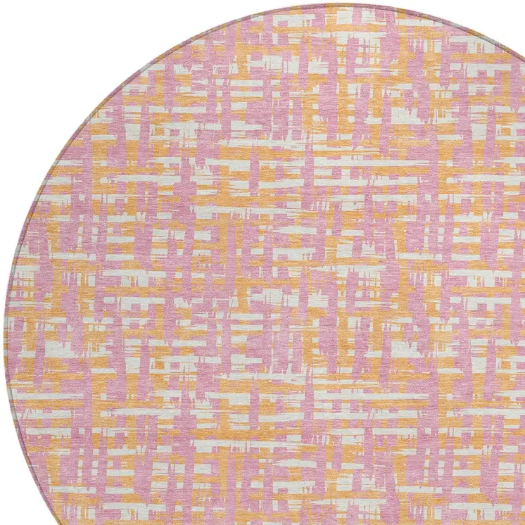 8' Pink Copper And Beige Round Abstract Washable Indoor Outdoor Area Rug