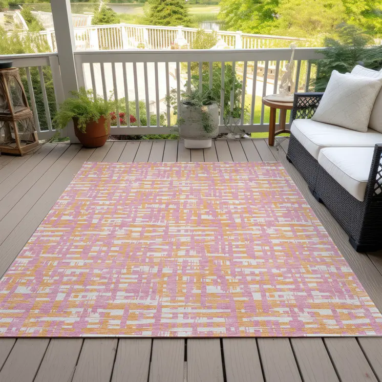 8' X 10' Pink Copper And Beige Abstract Washable Indoor Outdoor Area Rug
