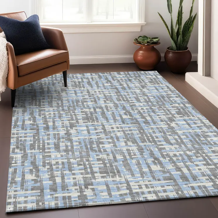 3' X 5' Silver Blue And Beige Abstract Washable Indoor Outdoor Area Rug