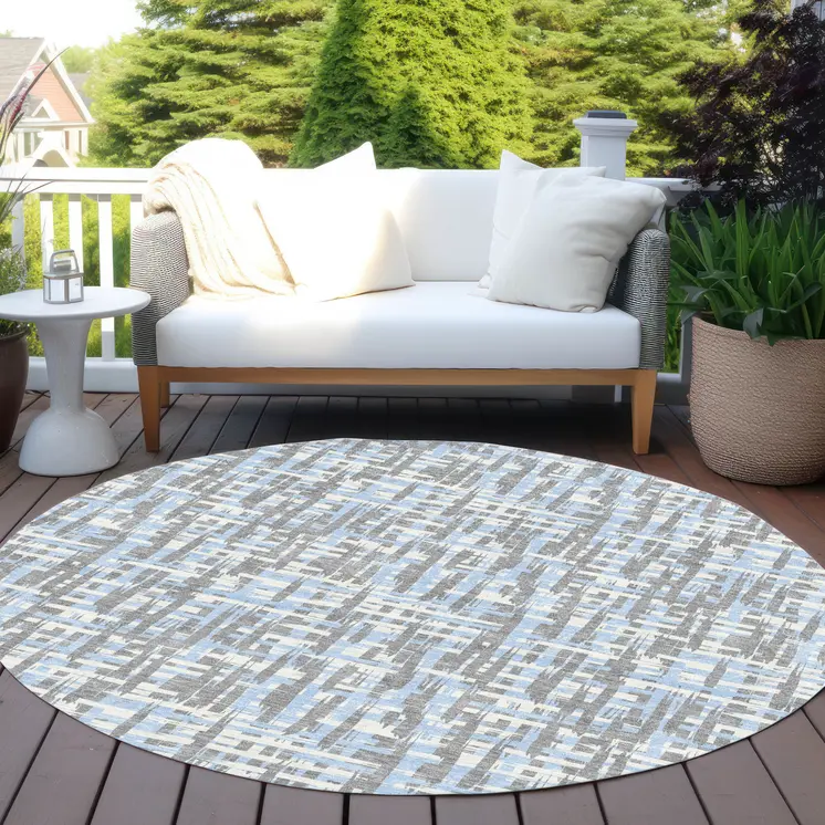8' Silver Blue And Beige Round Abstract Washable Indoor Outdoor Area Rug