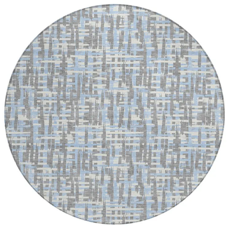 8' Silver Blue And Beige Round Abstract Washable Indoor Outdoor Area Rug