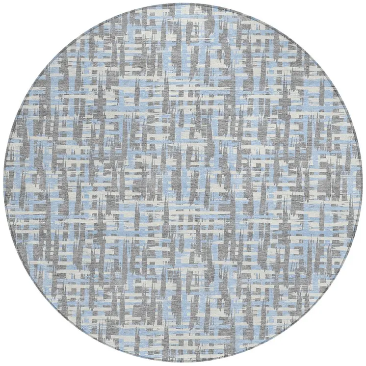 8' Silver Blue And Beige Round Abstract Washable Indoor Outdoor Area Rug