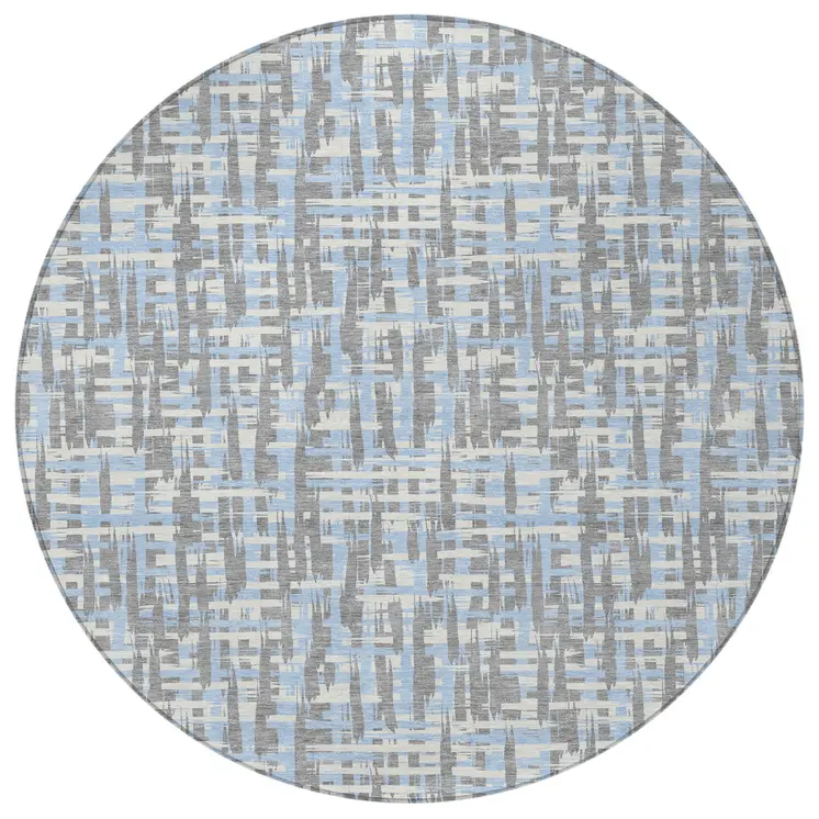 8' Silver Blue And Beige Round Abstract Washable Indoor Outdoor Area Rug