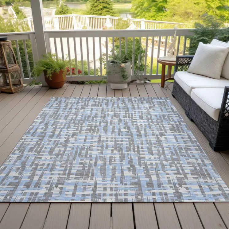 10' X 14' Silver Blue And Beige Abstract Washable Indoor Outdoor Area Rug
