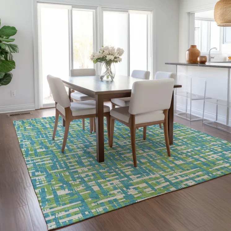 5' X 8' Turquoise Green And Ivory Abstract Washable Indoor Outdoor Area Rug
