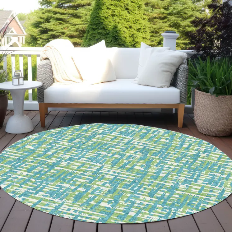8' Turquoise Green And Ivory Round Abstract Washable Indoor Outdoor Area Rug