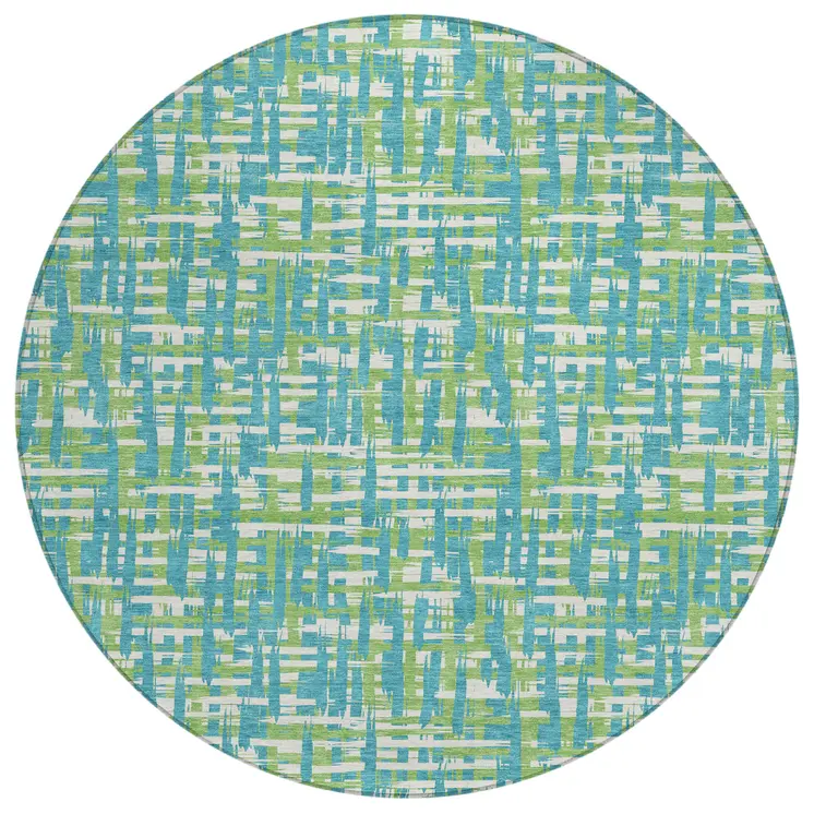 8' Turquoise Green And Ivory Round Abstract Washable Indoor Outdoor Area Rug