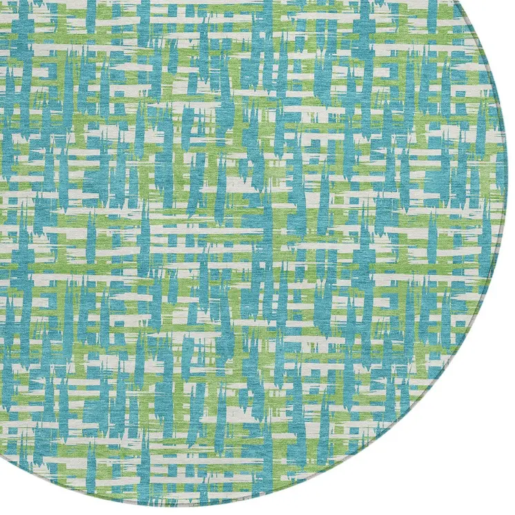 8' Turquoise Green And Ivory Round Abstract Washable Indoor Outdoor Area Rug