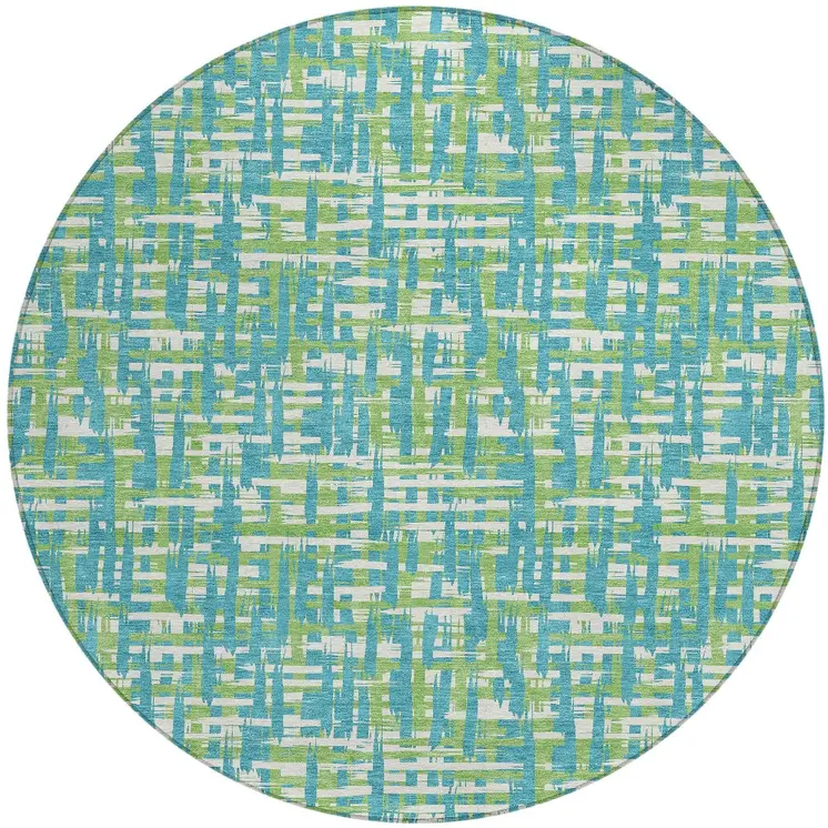 8' Turquoise Green And Ivory Round Abstract Washable Indoor Outdoor Area Rug