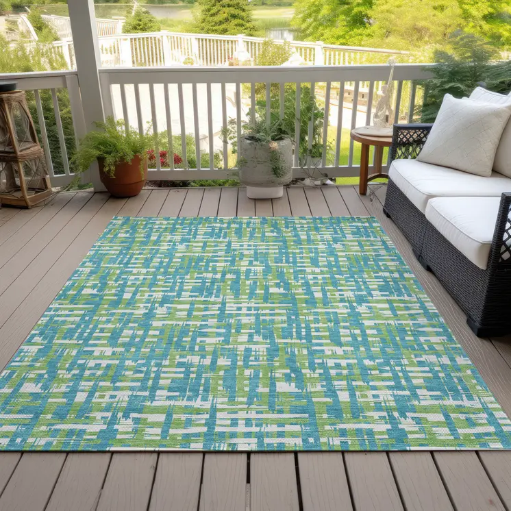 8' X 10' Turquoise Green And Ivory Abstract Washable Indoor Outdoor Area Rug