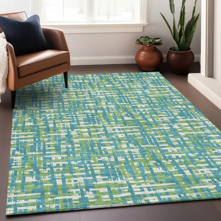 8' X 10' Turquoise Green And Ivory Abstract Washable Indoor Outdoor Area Rug