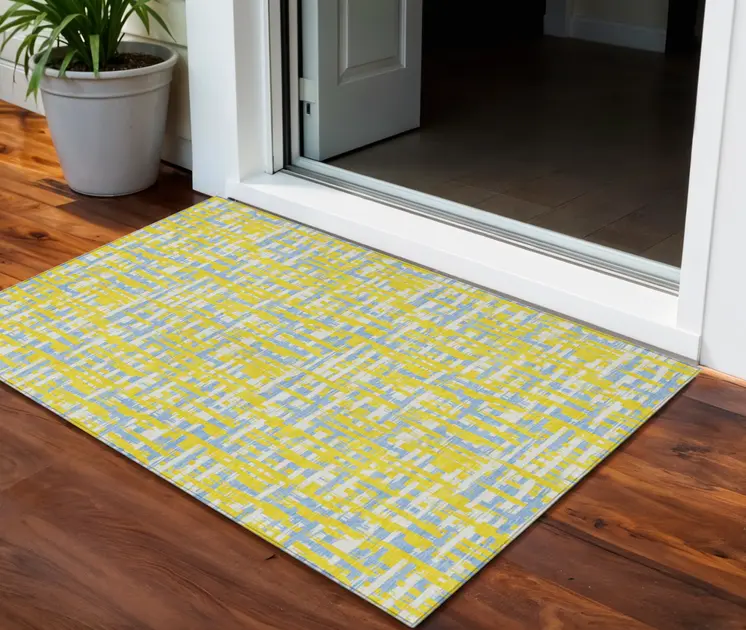 3' X 5' Yellow Denim Blue And Beige Abstract Washable Indoor Outdoor Area Rug
