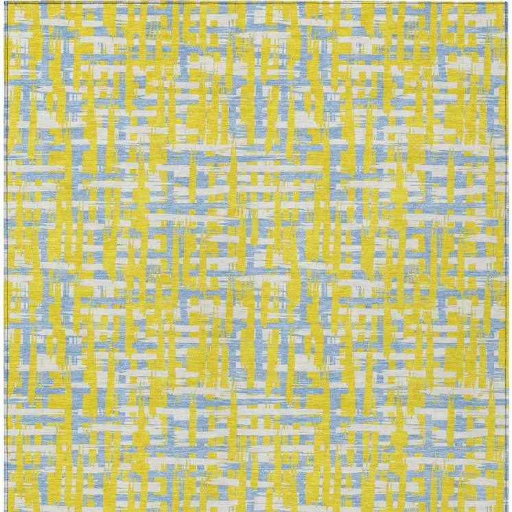 5' X 8' Yellow Denim Blue And Beige Abstract Washable Indoor Outdoor Area Rug