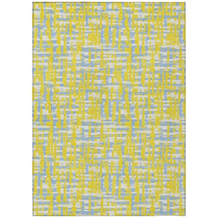 5' X 8' Yellow Denim Blue And Beige Abstract Washable Indoor Outdoor Area Rug