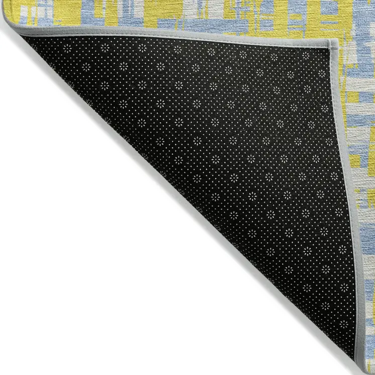 5' X 8' Yellow Denim Blue And Beige Abstract Washable Indoor Outdoor Area Rug