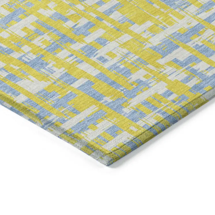 5' X 8' Yellow Denim Blue And Beige Abstract Washable Indoor Outdoor Area Rug