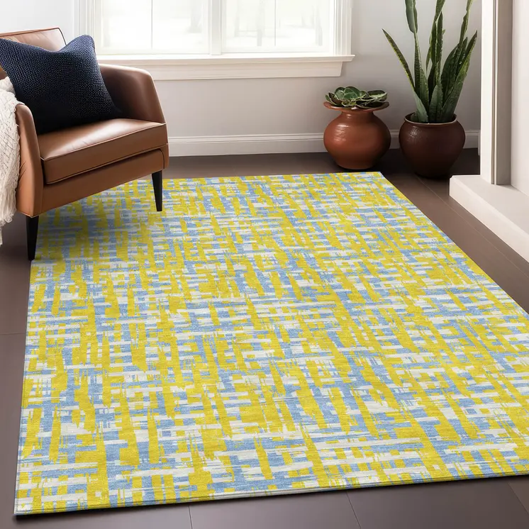 5' X 8' Yellow Denim Blue And Beige Abstract Washable Indoor Outdoor Area Rug