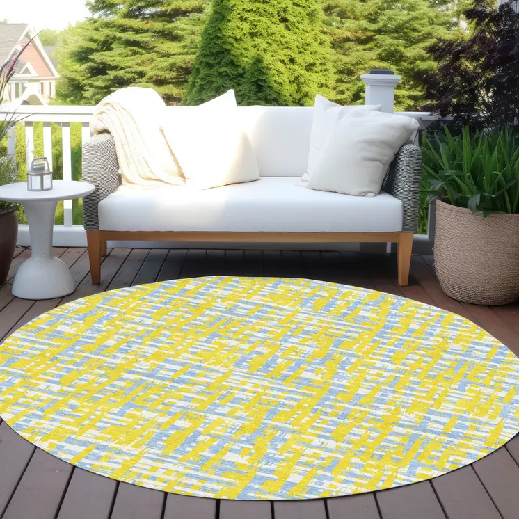 8' Yellow Denim Blue And Beige Round Abstract Washable Indoor Outdoor Area Rug