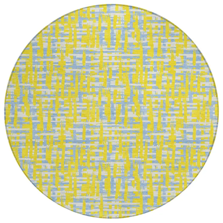 8' Yellow Denim Blue And Beige Round Abstract Washable Indoor Outdoor Area Rug