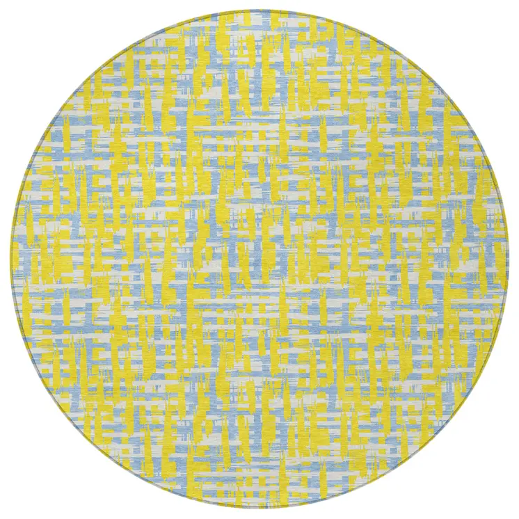 8' Yellow Denim Blue And Beige Round Abstract Washable Indoor Outdoor Area Rug