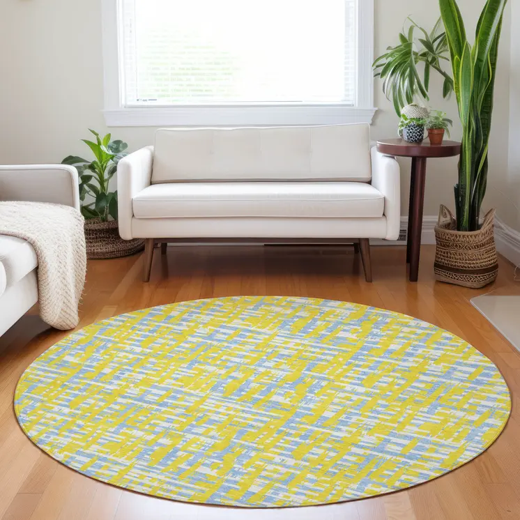 8' Yellow Denim Blue And Beige Round Abstract Washable Indoor Outdoor Area Rug