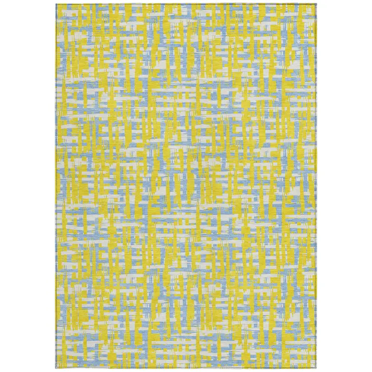 9' X 12' Yellow Denim Blue And Beige Abstract Washable Indoor Outdoor Area Rug