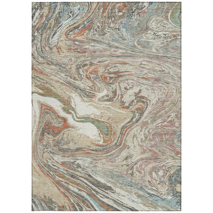 3' X 5' Beige Pink And Blue Abstract Washable Indoor Outdoor Area Rug