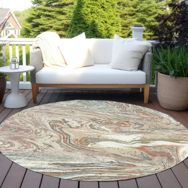 8' Beige Pink And Blue Round Abstract Washable Indoor Outdoor Area Rug