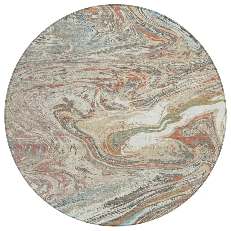 8' Beige Pink And Blue Round Abstract Washable Indoor Outdoor Area Rug