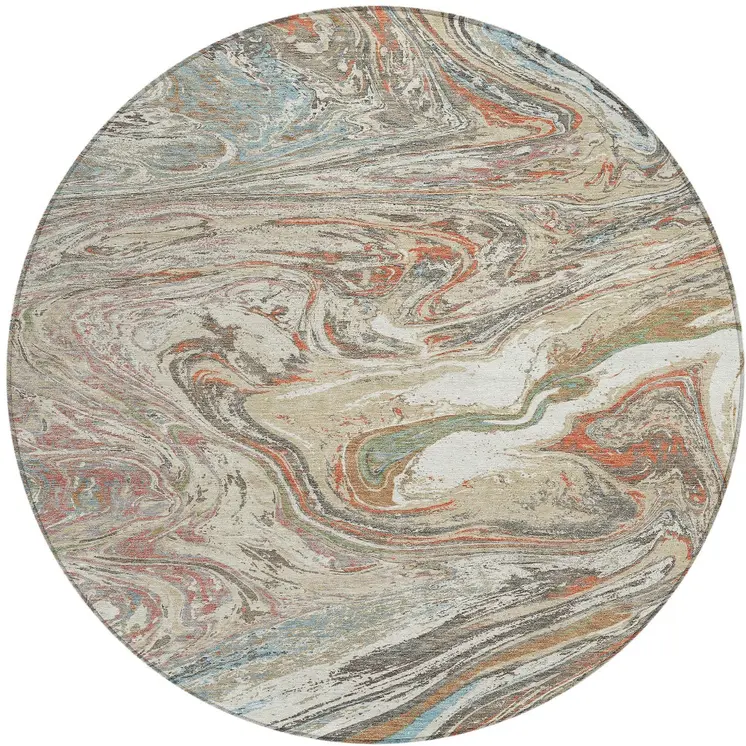 8' Beige Pink And Blue Round Abstract Washable Indoor Outdoor Area Rug
