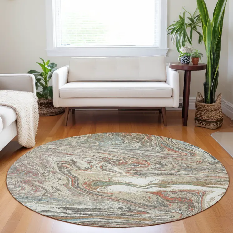 8' Beige Pink And Blue Round Abstract Washable Indoor Outdoor Area Rug