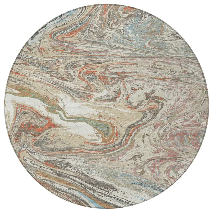 8' Beige Pink And Blue Round Abstract Washable Indoor Outdoor Area Rug