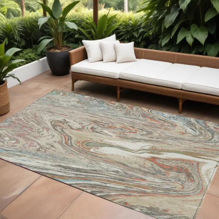 8' X 10' Beige Pink And Blue Abstract Washable Indoor Outdoor Area Rug