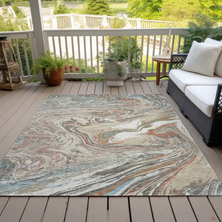 8' X 10' Beige Pink And Blue Abstract Washable Indoor Outdoor Area Rug