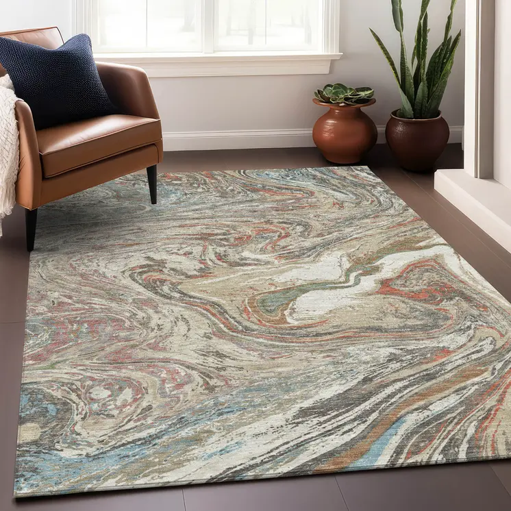 8' X 10' Beige Pink And Blue Abstract Washable Indoor Outdoor Area Rug