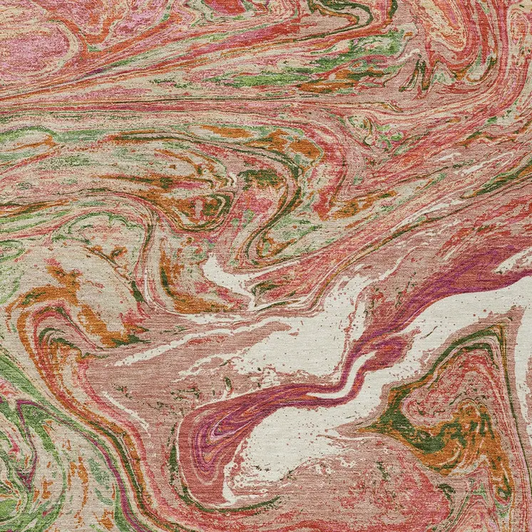 3' X 5' Coral Green And Ivory Abstract Washable Indoor Outdoor Area Rug