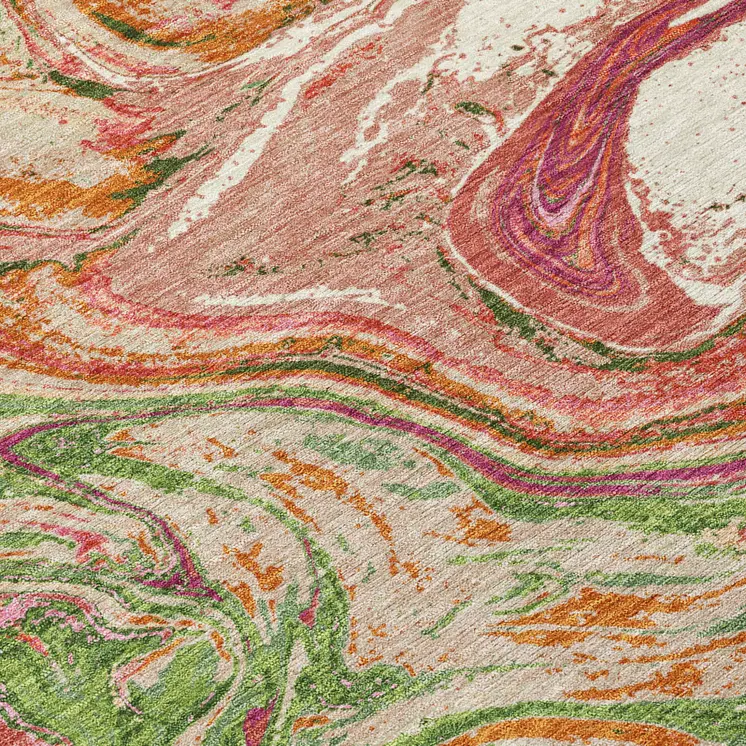 3' X 5' Coral Green And Ivory Abstract Washable Indoor Outdoor Area Rug