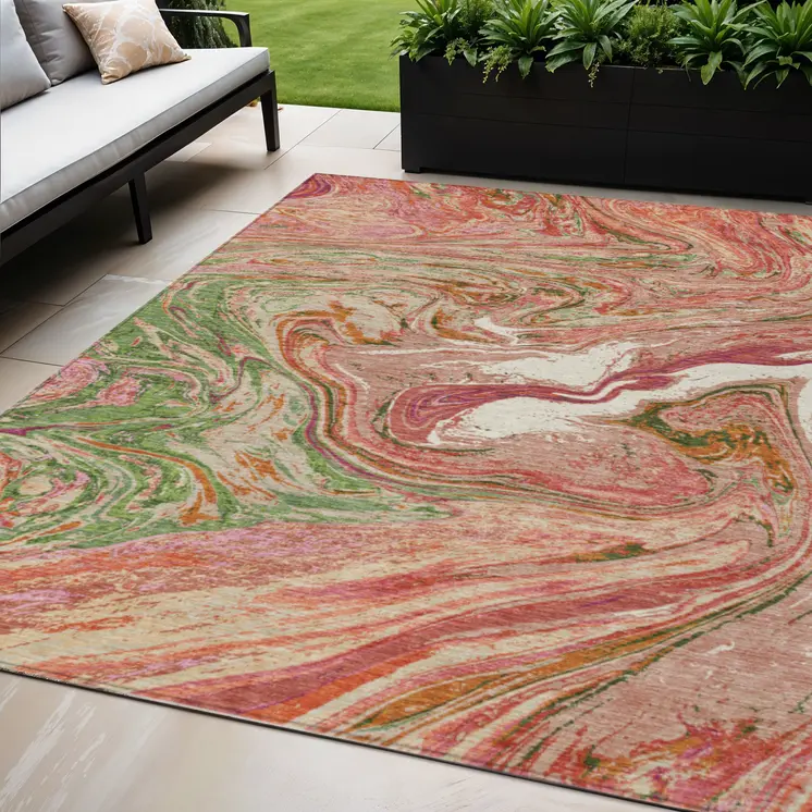 5' X 8' Coral Green And Ivory Abstract Washable Indoor Outdoor Area Rug